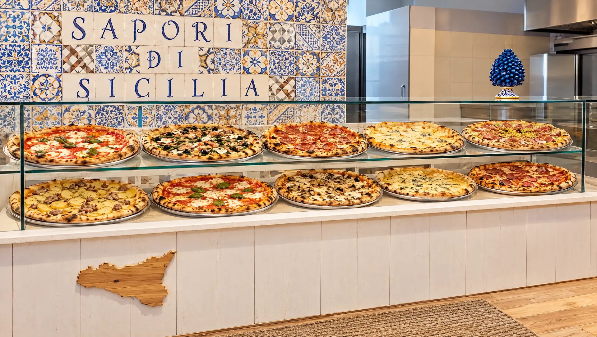 Il banco della pizzeria con le pizze in vetrina
