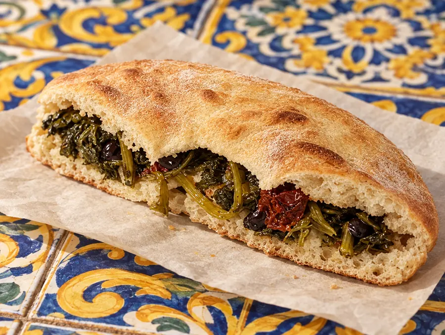 Pani cunsatu aperto, con friarielli, pomodori secchi e olive