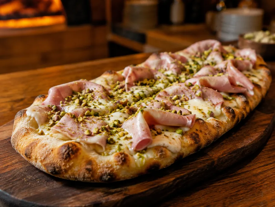 Pinsa ovale con mortadella, mozzarella e granella di pistacchio