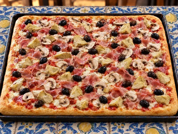 Pizza family 60x40 appena sfornata nella teglia rettangolare, con prosciutto, carciofi, funghi e olive